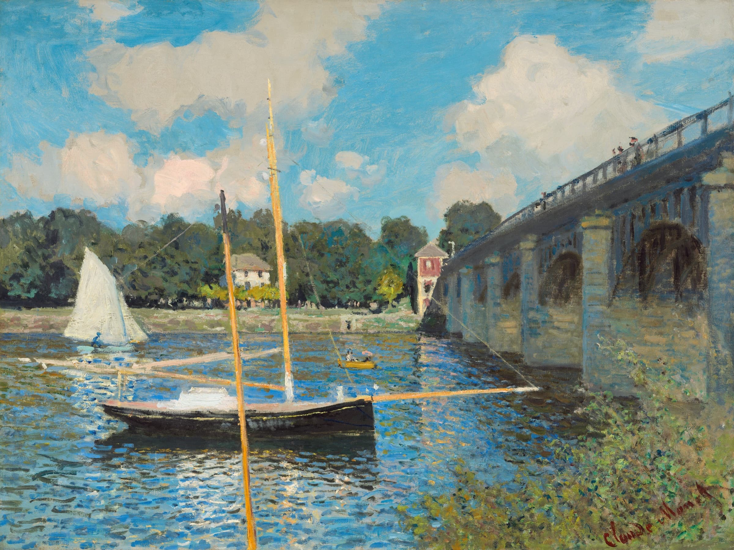 Claude Monet painting of a bridge and boats at Argenteuil