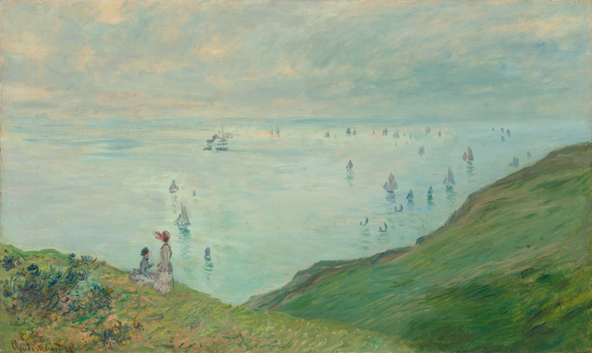 Claude Monet painting of the cliffs and sea at Pourville
