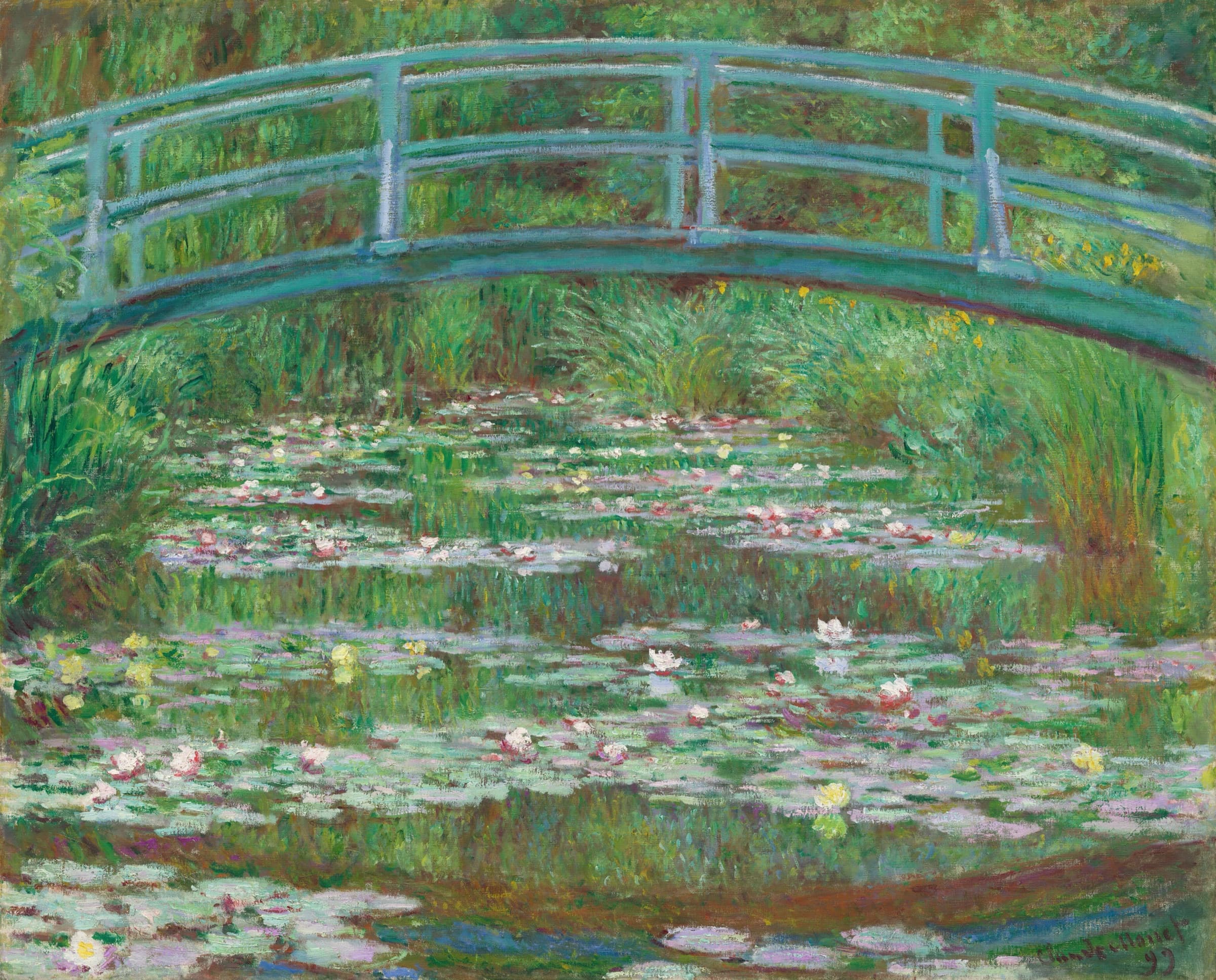 Claude Monet painting of the Japanese footbridge over a water lily pond